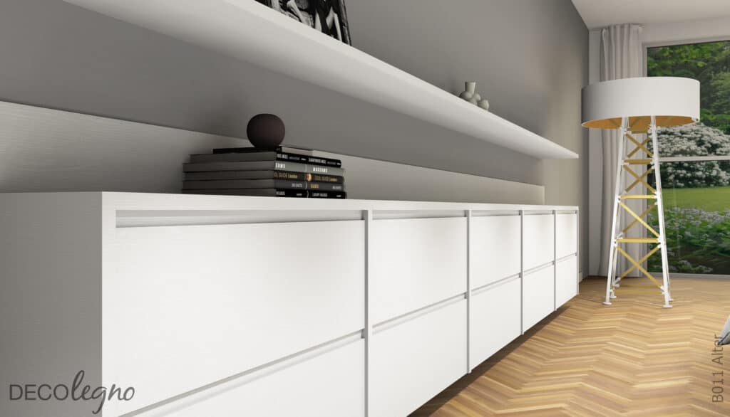 B011 Alter render van dressoir en wandplank in slaapkamer in decoratief plaatmateriaal wit eiken decor