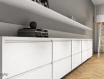 B011 Alter render van dressoir en wandplank in slaapkamer in decoratief plaatmateriaal wit eiken decor