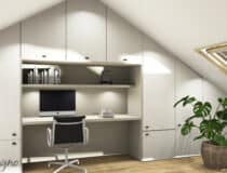 Een render van een bureau en de kastenwand, uitgevoerd in de B073 Sherwood van Cleaf, welke de beleving geven van natuurlijk gelakt hout.