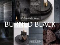 Moodboard van het HPL special decor Burned Black van DecoLegno in combinatie met een inspiratiebeeld