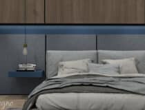 Render bedachterwand in slaapkamer in decoratief plaatmateriaal UB45 Ovatta mat blauw met T051 Fusion denim blauw in echte stof