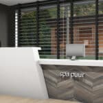 Render van een balie in een Spa uitgevoerd in solid surface decor DM2502 Slancio White van Durasein.