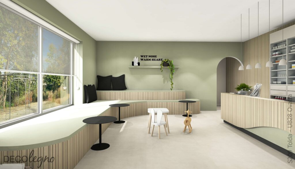 Een render van het interieur van een apotheek. De balie en een zitelement zijn op maat gemaakt met decoratief plaatmateriaal waarin een blond hout decor wordt gecombineerd met een zwart lijnenspel; de S209 Tolda van Cleaf