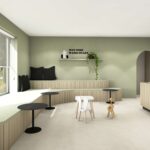 Een render van het interieur van een apotheek. De balie en een zitelement zijn op maat gemaakt met decoratief plaatmateriaal waarin een blond hout decor wordt gecombineerd met een zwart lijnenspel; de S209 Tolda van Cleaf