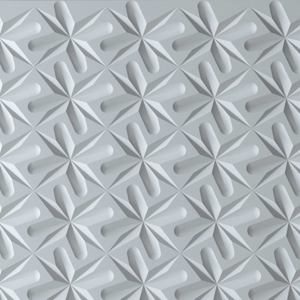 Detailafbeelding van een witte 3D structuur, met origami effect, uit de patternine collectie van Durasein, welke een driedimensionaal effect creëren