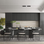 Renderafbeelding van een keuken met een achterwand uitgewerkt in het solid surface decor Weathered Wood van Durasein