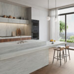 Renderafbeelding van een keuken uigevoerd in het solid surface decor Haromy van Durasein