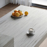 Renderafbeelding van een keukenblad uigevoerd in het solid surface decor Haromy van Durasein