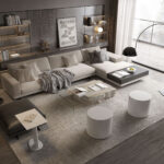 Renderafbeelding van een woonkamer met wandafwerking in het solid surface decor Barnwood van Durasein