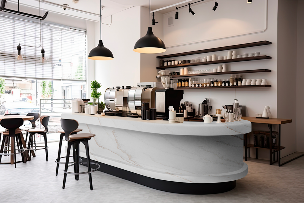product Bar uitgewerkt in marmerdecor Sun Kissed van Durasein